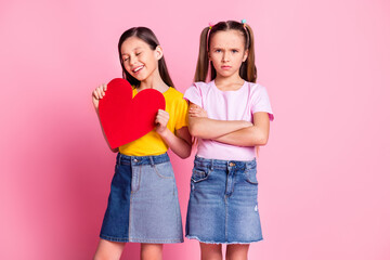 Photo of nice optimistic blond brown hair girls hold heart wear t-shirt isolated on pink background