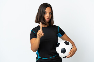 Young football player woman isolated on white background showing and lifting a finger