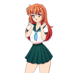 Smiling anime manga girl with red hair