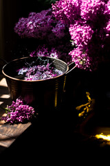 Refreshing lemon lilac drink. The front of drink in focus.