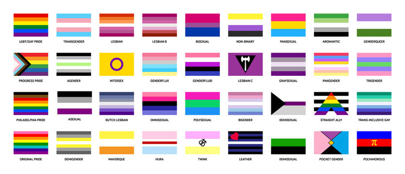 Sexual Identity Flags. Set of Vector Pride Flags and LGBT Symbols. Gay Pride Flag, Trans Pride Flag, Lesbian etc. Sexuality and Gender Flags Representing LGBTQ+ Communities