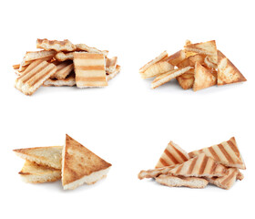 Set with delicious crispy pita chips on white background