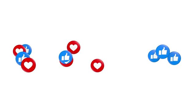 Like and Love Heart flying from left to right 3d rendering animation for social media