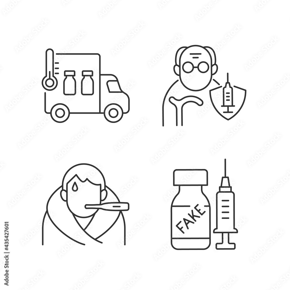 Poster covid spread prevention linear icons set. vaccine distribution. senior patient immunization. customi