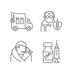Covid spread prevention linear icons set. Vaccine distribution. Senior patient immunization. Customizable thin line contour symbols. Isolated vector outline illustrations. Editable stroke