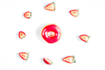 food design with strawberry donat on white table background top view mockup