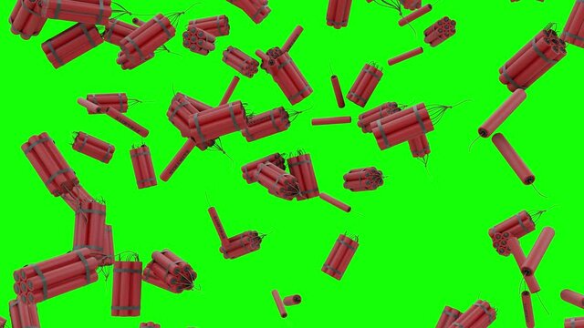 Dynamite With Clock Timer Falling On Green Screen With Alpha Matte