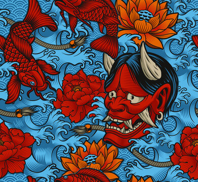 Yakuza tattoo Seamless Pattern, this design can be used as a print for fabrics, phone cases, and many other creative products in the Japanese style
