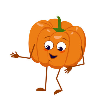 Cute pumpkin character with joy emotions, smiling face, happy eyes, arms and legs. Festive decoration for Halloween. A mischievous vegetable hero