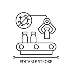 Vaccine manufacturer linear icon. Pharmaceutical production. Automated medication distribution. Thin line customizable illustration. Contour symbol. Vector isolated outline drawing. Editable stroke