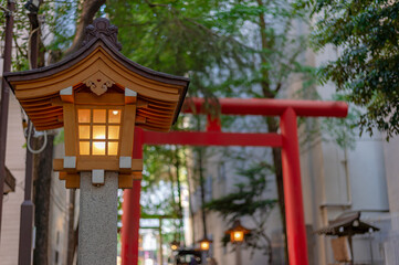 東京都新宿区の繁華街にある神社の景色