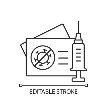 Vaccination Card Linear Icon. Covid Immunization Certificate. Pass For Vaccinated Tourist. Thin Line Customizable Illustration. Contour Symbol. Vector Isolated Outline Drawing. Editable Stroke