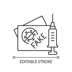 Fake vaccination card linear icon. False coronavirus certificate. Fabricated passport for vaccine. Thin line customizable illustration. Contour symbol. Vector isolated outline drawing. Editable stroke