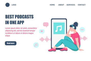 Best podcasts in one app landing page vector template. A woman with headphones is listening to audio. Flat vector illustration