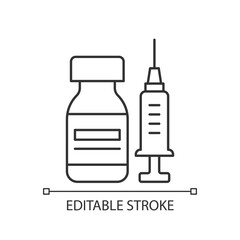 Vaccine bottle linear icon. Vial with drug and syringe. Pharmaceutical remedy. Medication for flu. Thin line customizable illustration. Contour symbol. Vector isolated outline drawing. Editable stroke