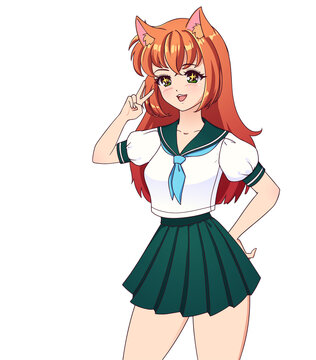 Smiling anime manga girl with red hair