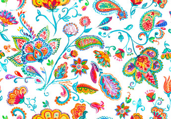 Paisley watercolor floral pattern tile with flowers, flores, tulips, leaves. Oriental traditional hand painted water color whimsical seamless print for ceramic design. Abstract indian batik background