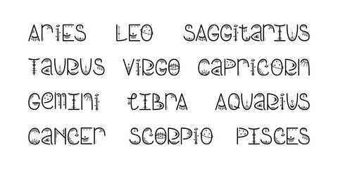 The set of names of astrological signs of the zodiac. Magical lettering