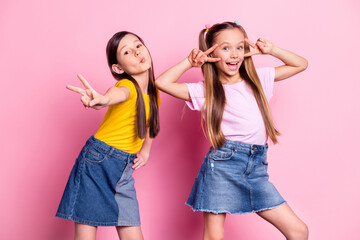 Portrait of pretty cheerful girlish pre-teen girls pout lips showing v-sign having fun isolated...
