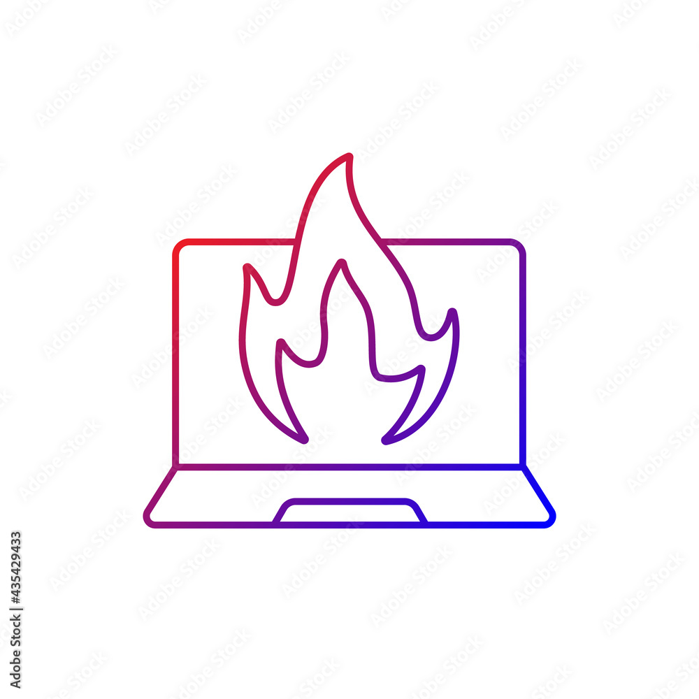 Poster computer burning gradient linear vector icon. hardware crash, overheating issue. burning laptop, pc 
