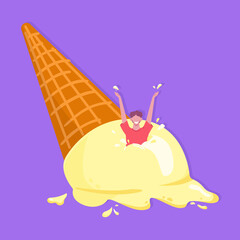 Giant melting ice cream ball in waffle cone. Upside down. Tiny man enjoying tasty vanilla ice cream. Summer. Colorful vector illustration. Cartoon style. Purple background.