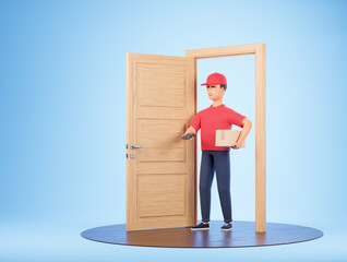 Cartoon character courier man hold cardboard box and payment pos terminal at the door and wooden podium over blue background. Online shopping and delivery concept.