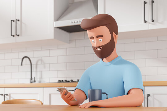 Cartoon beard character man use smartphone at cozy white kitchen. Watch news or social network at morning