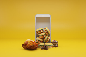 Online food delivery concept. Smartphone with food and beverage on yellow background. 3d rendering illustration. Clipping path of each element included.
