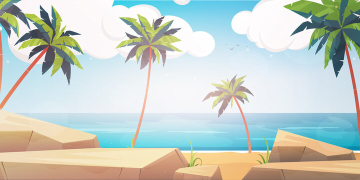 Beach with palms and rocks in cartoon style. Vector.