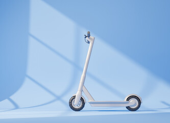 White electric kick scooter over blue background with sunlight. Eco friendly city transport concept. © Foxstudio