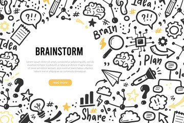 Hand drawn banners template with brainstorm, idea, brain elements. Doodle sketch style. Vector illustration for brainstorm, business banner, frame, brochure background.