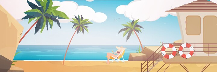 Fototapeta premium Beautiful Tropical Beach Landscape Summer Seaside With Palm Tree And Silhouette Mountains Horizontal Banner