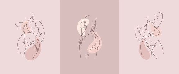 Body positive art. Beautiful curvy woman body line art illustration. Minimalist linear female figure. Abstract nude sensual line art. Simple body positive elegant poster. - obrazy, fototapety, plakaty