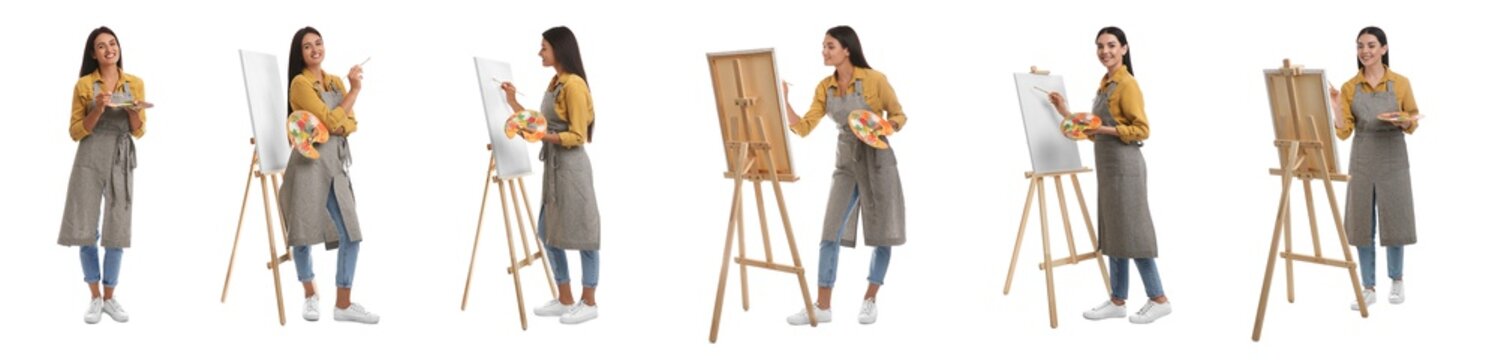 Young women drawing on easels against white background, collage. Banner design