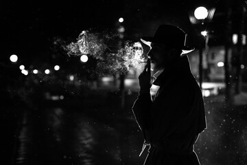 dark silhouette of a man in a hat Smoking a cigarette in the rain on a night street