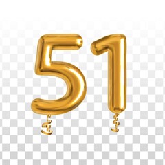 Vector realistic isolated golden balloon number of 51 for invitation decoration on the transparent background.