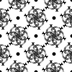 Black-white seamless pattern with vintage ornaments. Good for murals, textiles, postcards and prints. Vector illustration.