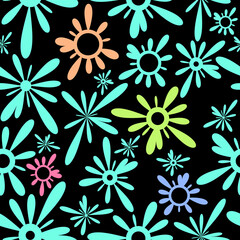 colored seamless background pattern flowers on black background 