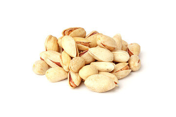 pistachios isolated on white. a bunch of fried salted pistachio nuts.