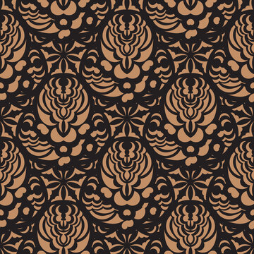 Black-orange seamless pattern with vintage ornaments. Good for backgrounds, prints, apparel and textiles. Vector illustration.