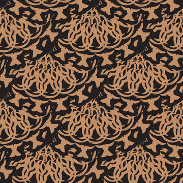 Black-orange seamless pattern with vintage ornaments. Good for covers, fabrics, postcards and printing. Vector illustration.