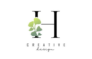 H Letter logo design with pink circle and green leaves. Vector Illustration with with Botanical elements. Nature vector template design concept with H letter.