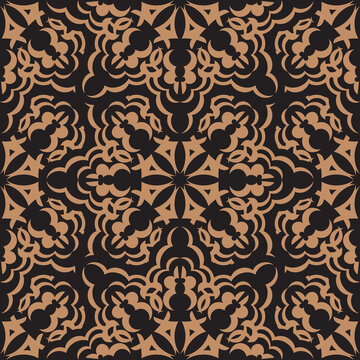 Black-orange seamless pattern with vintage ornaments. Good for menus, postcards, wallpaper and fabric. Vector illustration.