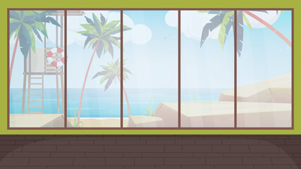 A room with a large panoramic window overlooking the sea. , vector illustration.