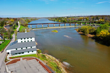 Aerial along the Grand River at Caledonia, Ontario, Canada