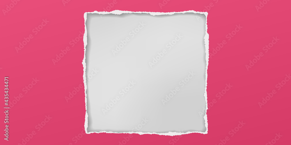 Poster square hole composition in red paper with torn edges and soft shadow is on squared background. vecto