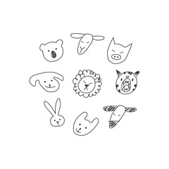 Fototapeta premium Hand drawn animals faces in line art style, modern minimalism art