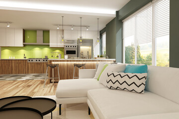 Naklejka na ściany i meble Modern interior of kitchen with living room 