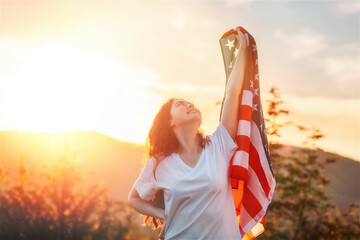 Independence day. A smiling patriotic young woman has risen an American flag in her hands. Sunset...