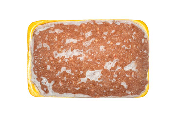Minced meat in a plastic container top view.Frozen minced meat on a white background.A piece of minced meat.
